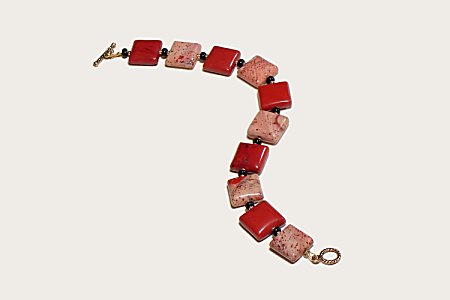 Genuine poppy red jasper and painted desert jasper bracelet with toggle clasp