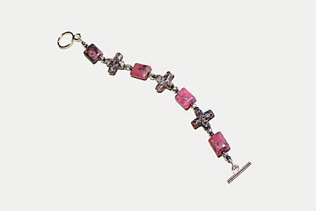 Genuine pink rhodochrosite cross bracelet with toggle clasp