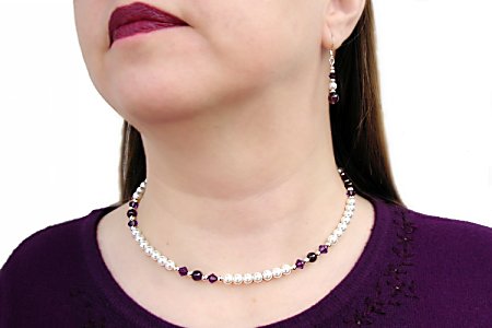 Amethyst with Swarovski™ crystals and faux pearls necklace-earring set